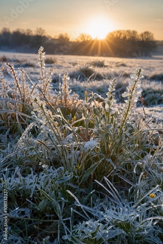 sunrise over a  field, fog, trees, forest, winter, season, ice, frozen grass