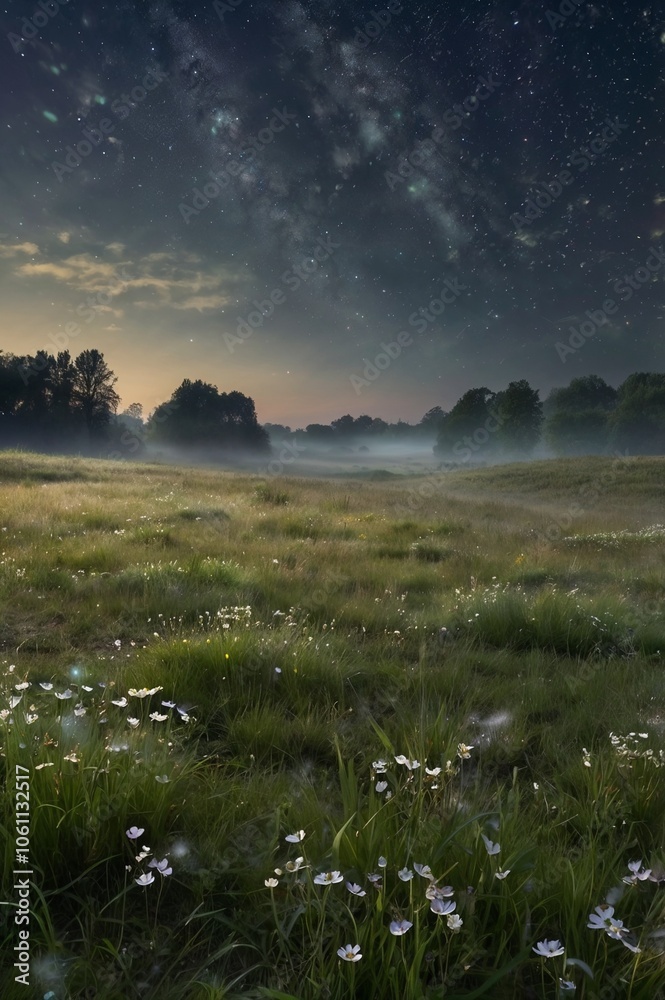 sunrise over a fantasy world field, fog, trees, forest sunrise over a fantasy world field, fog, trees, forest