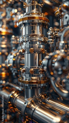 Closeup view of complex intricately designed metal machinery engineering equipment and industrial components in a sophisticated high tech manufacturing or energy production setting Metallic shiny