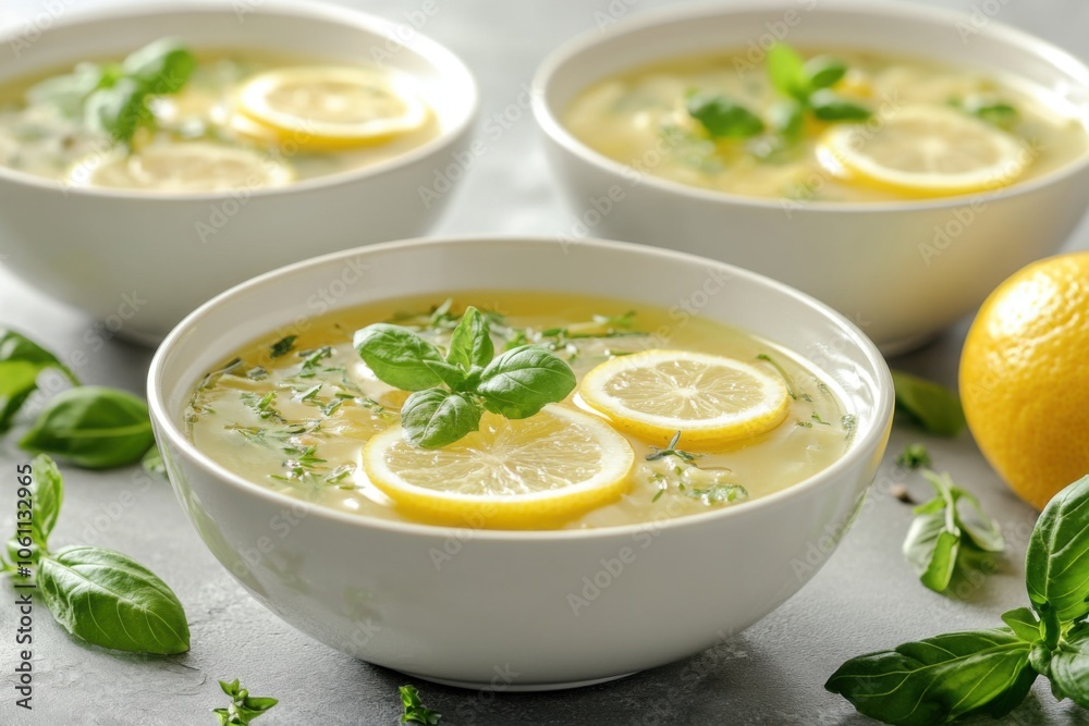 Simple and Clean Detox Soup Bowl with Fresh Lemon Slices and Herbs, Minimalist Wellness Recipe for Healthy Eating