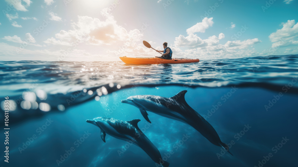 A person kayaking in sea water with dolphin swimming underwater