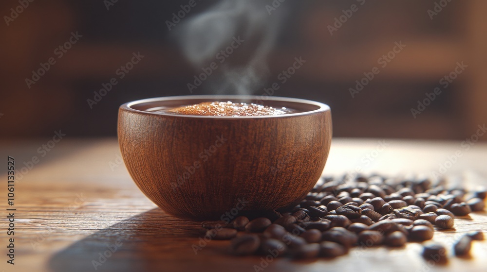 Steaming Cup of Dark Coffee on Rustic Wooden Table Surrounded by Aromatic Coffee Beans in Warm Lighting, Perfect for a Cozy Morning or Afternoon Coffee Break Steaming Cup of Dark Coffee on Rustic Wooden Table Surrounded by Aromatic Coffee Beans in Warm Lighting, Perfect for a Cozy Morning or Afternoon Coffee Break