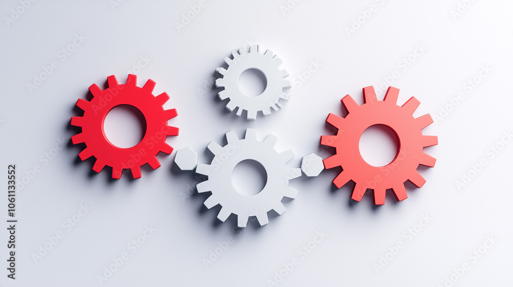Red and white gears connect seamlessly, illustrating the essence of collaboration and teamwork in a modern workspace Red and white gears connect seamlessly, illustrating the essence of collaboration and teamwork in a modern workspace