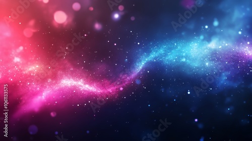 Abstract background with swirling pink and blue nebulae with glittering particles.