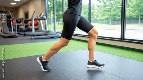 Close-up of a woman doing lunges on a gym floor, focusing on leg muscles and fitness training in a well-equipped gym.