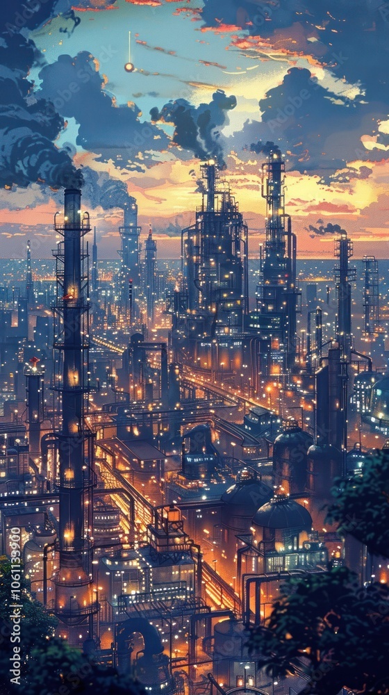 Fototapeta premium Stunning futuristic cityscape with towering skyscrapers glowing lights and a vibrant sunset sky This image depicts a bustling high tech metropolis of the future