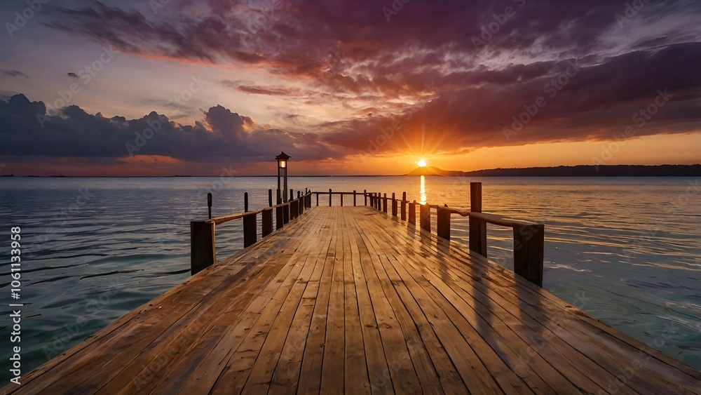 Obraz premium Scenic Pier at Sunset with Dramatic Clouds