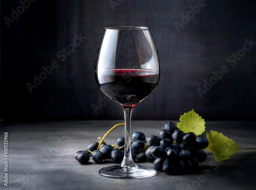 Elegance in Every Sip: Red Wine and Grapes on a Sophisticated Gray Table