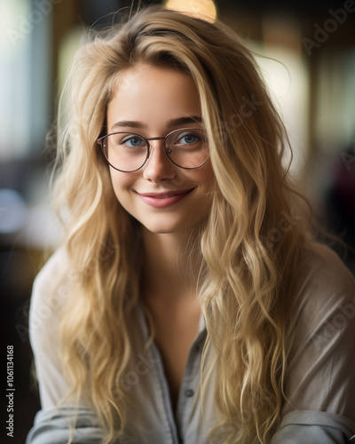 Smiling Young Woman with Wavy Blonde Hair and Glasses in a Casual Setting, Ideal for Lifestyle and Portrait Photography