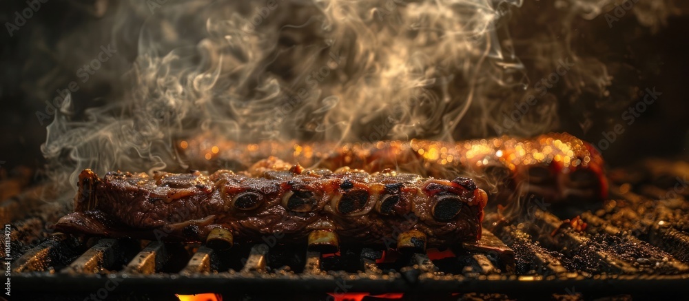 Sizzling grilled meat on a fiery barbecue grill with billowing smoke and flickering flames creating a mouthwatering culinary scene This rustic natural image captures the essence of outdoor cooking Sizzling grilled meat on a fiery barbecue grill with billowing smoke and flickering flames creating a mouthwatering culinary scene This rustic natural image captures the essence of outdoor cooking
