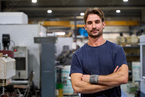 Portrait of industrial engineer posing with crossed arms in factory workshop