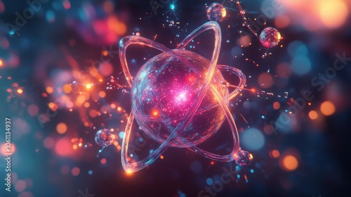 A vibrant 3D atom with glowing particles, highlighting the intricate beauty of atomic structure and science