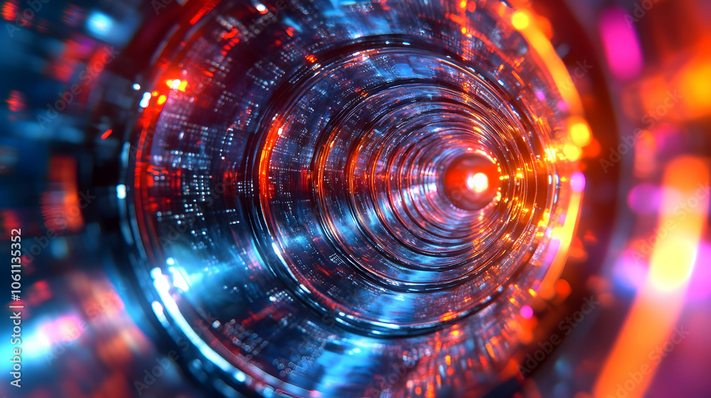 Abstract Circular Tunnel with Lights, glowing, neon, red, blue, orange Abstract Circular Tunnel with Lights, glowing, neon, red, blue, orange