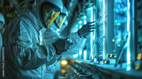 Fototapeta Naklejka Na Ścianę i Meble -  Astronaut in a highly advanced and specialized space capsule surrounded by a vast array of high tech monitoring screens control panels and scientific equipment