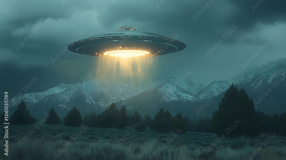 UFO Over Mountain Landscape, Unidentified Flying Object, Flying Saucer, Alien Spaceship, Spacecraft, Extraterrestrial UFO Over Mountain Landscape, Unidentified Flying Object, Flying Saucer, Alien Spaceship, Spacecraft, Extraterrestrial