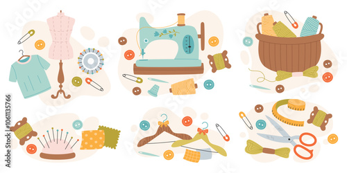 Sewing machine, basket of threads, tailoring equipment, clothing hangers mini compositions set