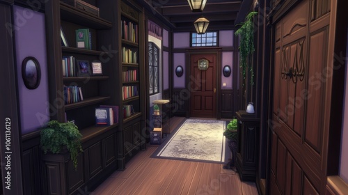 Elegant hallway with bookshelves and stylish decor