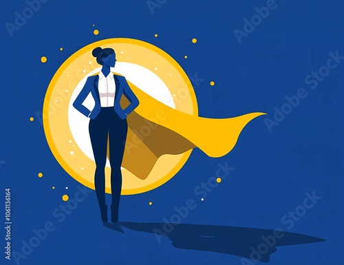 A vector illustration of the silhouette of an adult woman in business attire, standing with her cape spread out behind her