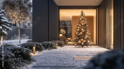 Cozy Winter Evening with Christmas Tree and Snow