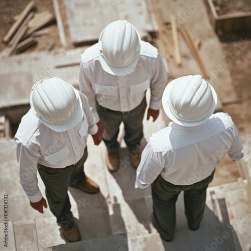 Three construction workers wearing white hard hats stand on a concrete staircase.