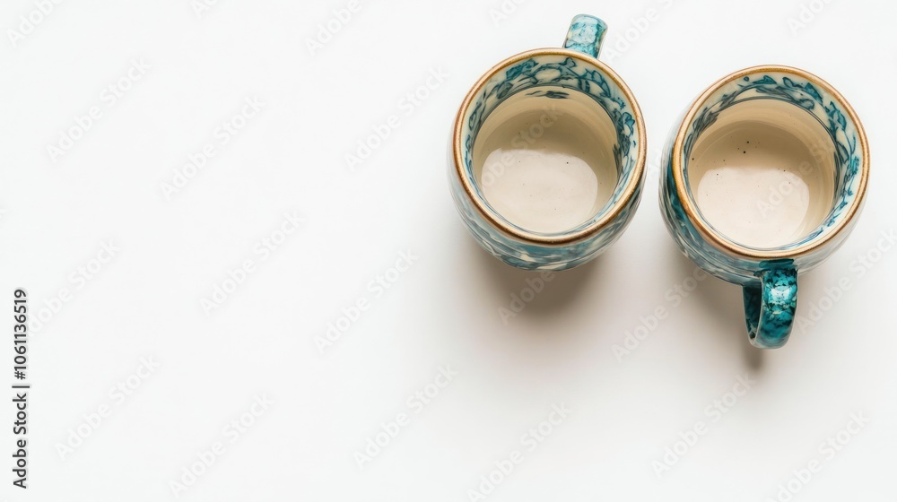 Two Empty Blue and White Ceramic Cups with Handles Two Empty Blue and White Ceramic Cups with Handles