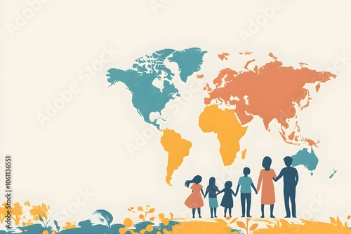 harmony and humanity concept abstract illustration, world map and people in the freedom