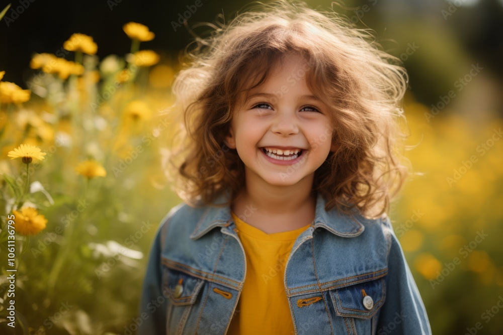 Portrait of a cute little girl in a field of yellow flowers. Portrait of a cute little girl in a field of yellow flowers.