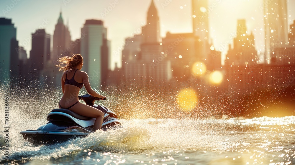 Obraz premium Jetski in water with background of large city skyline with skyscraper. Summer tropical sports.