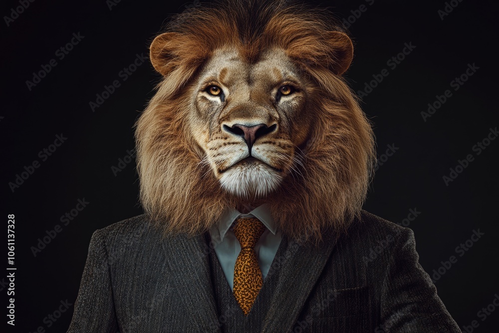 A man wearing a lion head mask and business attire, creating a striking fantasy-themed image. A man wearing a lion head mask and business attire, creating a striking fantasy-themed image.