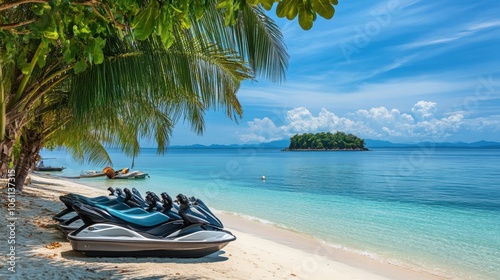 Fototapeta Naklejka Na Ścianę i Meble -  Jetski park at sandy sea beach with coconut tree. Summer tropical sports.