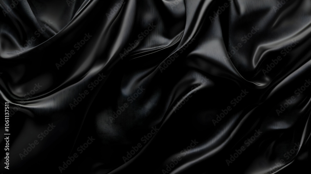 Fototapeta premium Black Silk Fabric Texture, background, abstract, drape, wavy, smooth