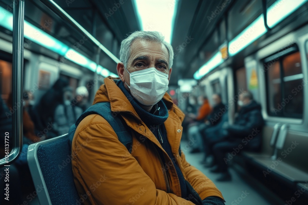 An adult male wearing a surgical mask while sitting on public transportation. The image conveys the importance of health safety measures during pandemic situations. An adult male wearing a surgical mask while sitting on public transportation. The image conveys the importance of health safety measures during pandemic situations.
