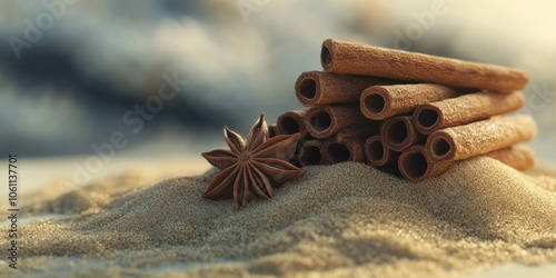 Fototapeta Naklejka Na Ścianę i Meble -  A collection of cinnamon sticks and sand in a bowl, suggesting a warm, tropical climate or spice market