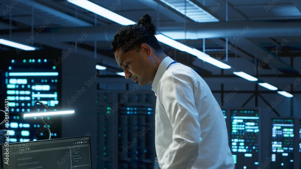 Data center computer scientist responsible for installation of networking equipment solving tasks. Indian man at work doing maintenance on server room infrastructure, camera A