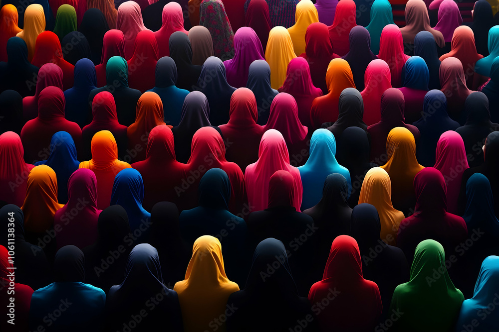 Obraz premium Crowd of People in Colorful Headscarves, headscarf, hijab, bright, vibrant, diversity