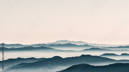 Generative AI, Minimalist Aerial View of Serene Mountain Ranges with Soft Cloud Layers