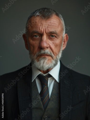 Portrait of a man with beard and sunglasses, wearing a suit against white background, looking serious.