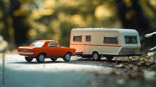 A nostalgic scene featuring a vintage toy car pulling a trailer, surrounded by autumn leaves. photo