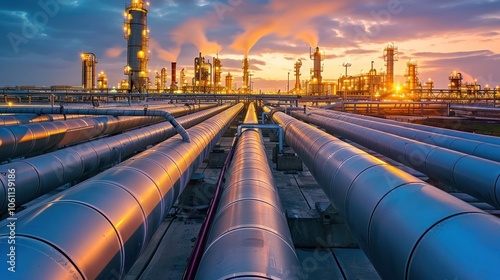 Dramatic sunset skyline over a bustling oil refinery with a network of pipelines and storage tanks showcasing the industrial infrastructure and energy production in an urban landscape