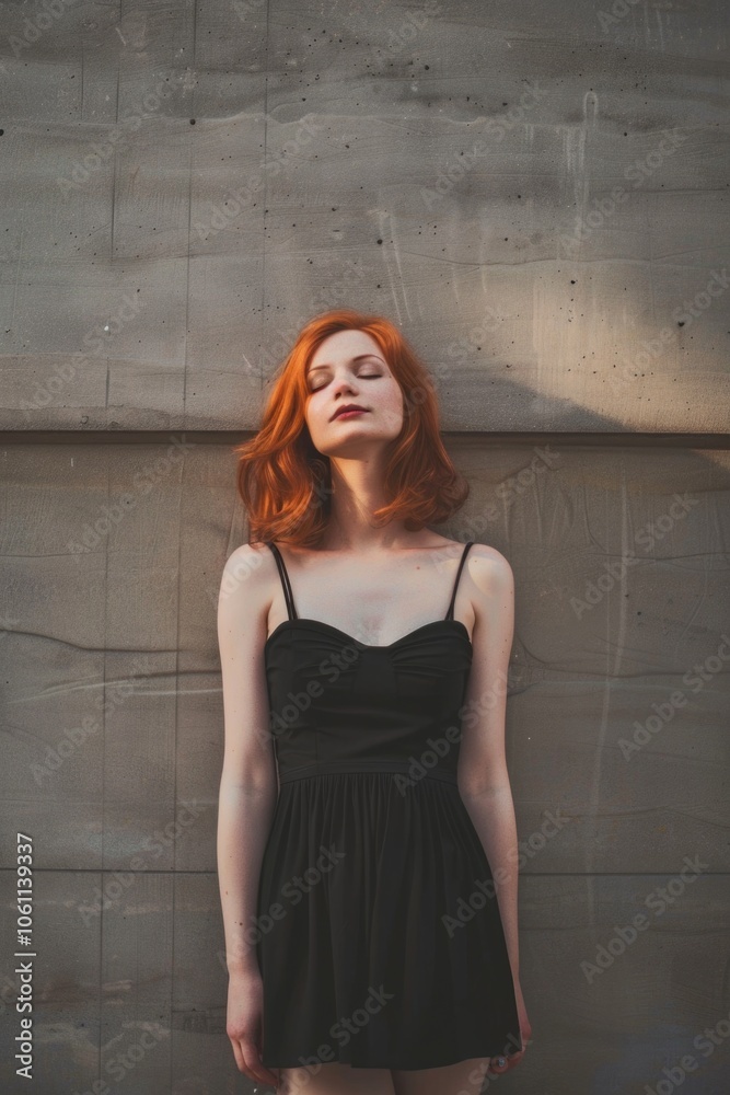 A young redhead wearing a black dress leans against a gray concrete wall, exuding an air of somber contemplation. A young redhead wearing a black dress leans against a gray concrete wall, exuding an air of somber contemplation.