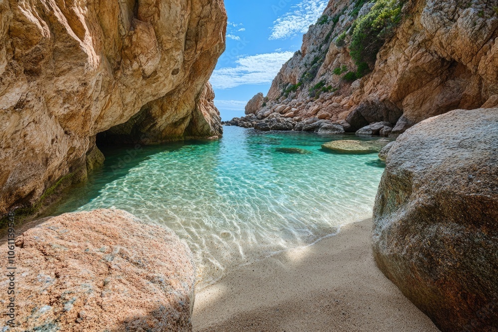 A tranquil, secluded beach with clear turquoise waters and rocky shoreline, set within a cliffside cove under a blue sky. A tranquil, secluded beach with clear turquoise waters and rocky shoreline, set within a cliffside cove under a blue sky.