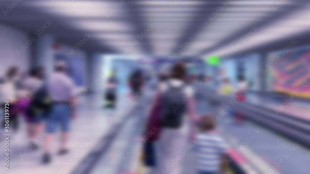 Blurred view of a mother and toddler on an airport walkway, surrounded by other travelers. The scene reflects themes of surveillance, privacy, and family in a monitored public space Blurred view of a mother and toddler on an airport walkway, surrounded by other travelers. The scene reflects themes of surveillance, privacy, and family in a monitored public space