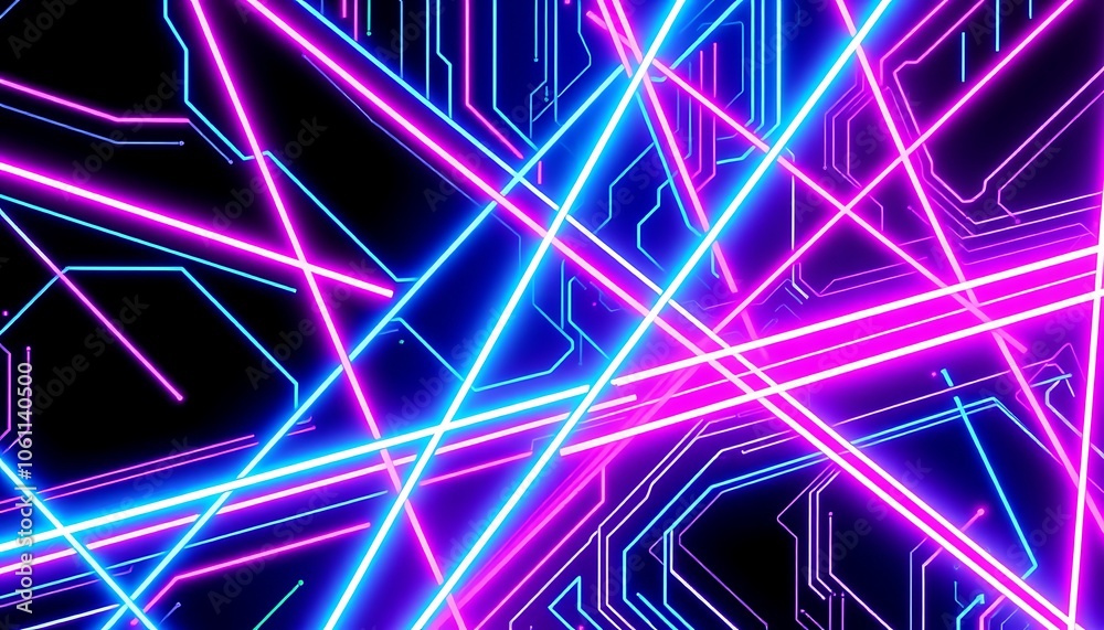 Sharp geometric patterns with intersecting neon lines in electric blue and pink tones. Sharp geometric patterns with intersecting neon lines in electric blue and pink tones.