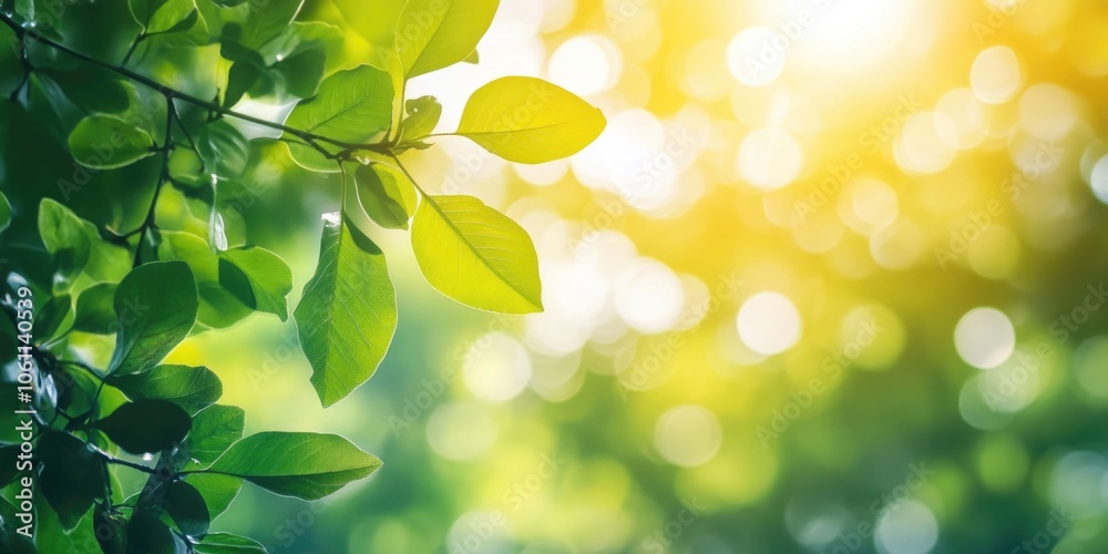 The image depicts a vibrant natural scene with sunlit green leaves, likely indicative of springtime. The image depicts a vibrant natural scene with sunlit green leaves, likely indicative of springtime.