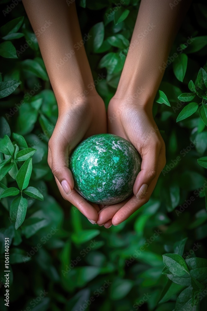 A pair of hands holding a clay planet with green leaves in the background. A pair of hands holding a clay planet with green leaves in the background.