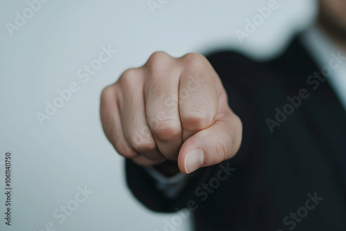 Businessman pointing assertively toward the viewer conveying power and confidence photo