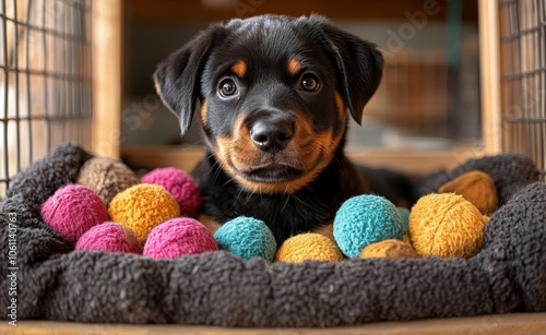 A playful rottweiler pup snoozes in a cozy bed while playing with colorful toys in the sunlit living room of a home photo