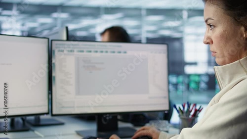 Smiling IT engineer in data center using PC to find misconfigurations affecting rackmounts. Cheerful woman checking servers bottlenecks leading to sluggish data transfer rates, camera B close up photo