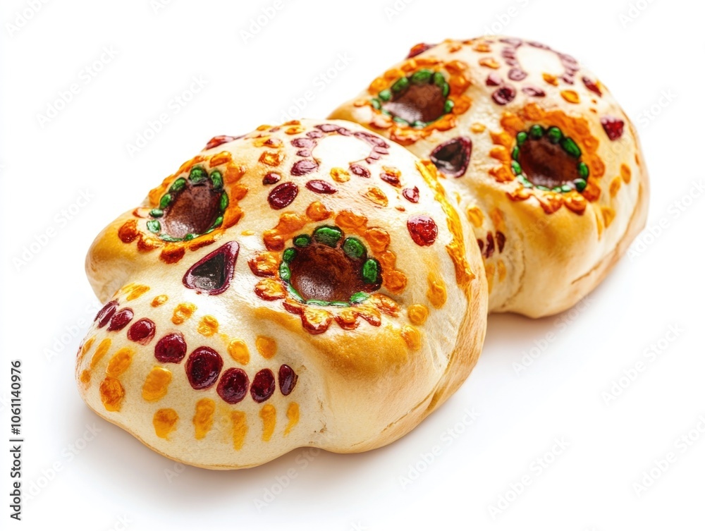 Two decorated sugar skulls on a white background. The skulls are decorated with green and red colors. The image conveys a festive and celebratory mood Two decorated sugar skulls on a white background. The skulls are decorated with green and red colors. The image conveys a festive and celebratory mood