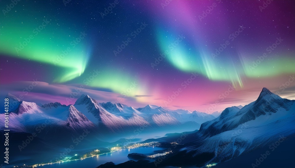 Naklejka premium Aurora borealis on the Lofoten islands, Norway. Green northern lights above mountains. Night winter landscape with aurora. Natural background in the Norway